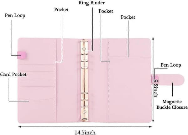 A5 PU Læder Ringbind, Genopfyldeligt 6-Ringe Bind Cover, Forretningsnotesbog Bind Notesblok og Møde Notesbog, (Pink)
