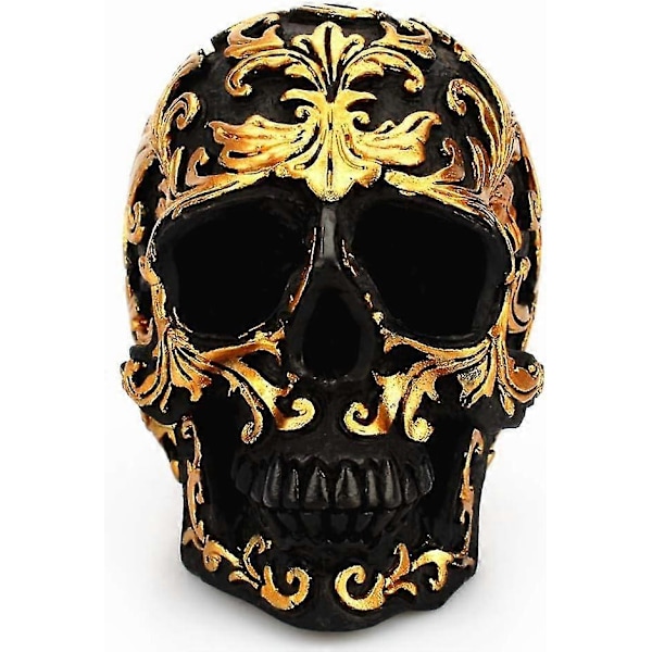 Kraniefigur Resin Dekorativ Halloween Skulptur Statue Hjem Halloween Ornament (sort og guld) (1 stk)