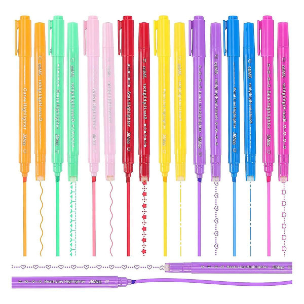 16 Highlighter pennesett, doble tuppmarkører med 8 forskjellige kurver for fargelegging, highlightere