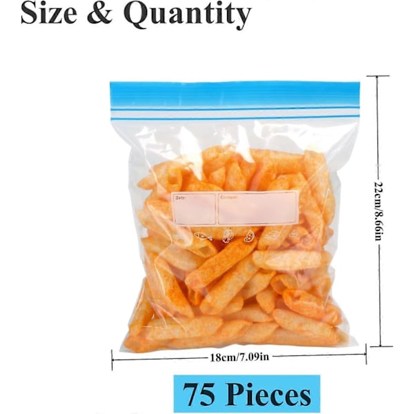 75 Stycken Fryspåsar, Återanvändbara Matpåsar med Förslutning, Zip Lock-påsar för Kött, Frukt, Grönsaker, Smörgåsar, (Medium)