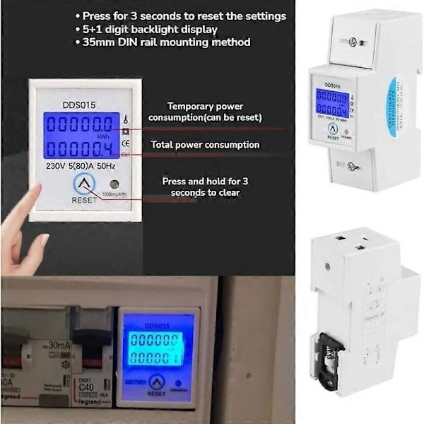 Enfase Energimåler 5-80A 230V 50Hz LCD Bakgrunnsbelysning Enfase Energimåler, DIN Skinne Montering KWh Måler DDS015, Watt KWh Måler(230V 5-80A 50Hz)