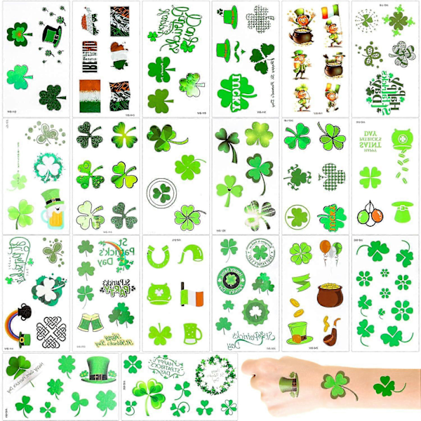 20 Ark St Patricks Day Tatueringar Klistermärken, Klöver Temporär Tatuering Klistermärke Lyckosam Shamrock