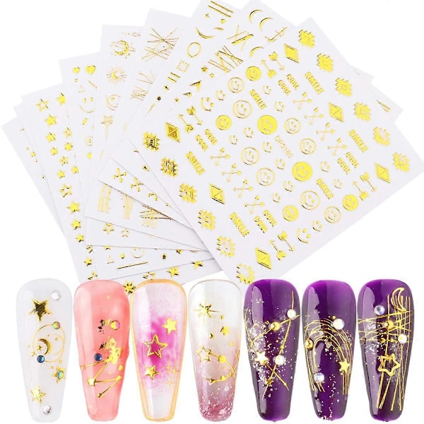 Stjärn-nagelstickers för nagelkonst 3D Självhäftande Nagelkonstdekaler 12 Ark Guldstjärna Måne Designer Nagelstickers för Kvinnor Flickor DIY Nageldekorationer
