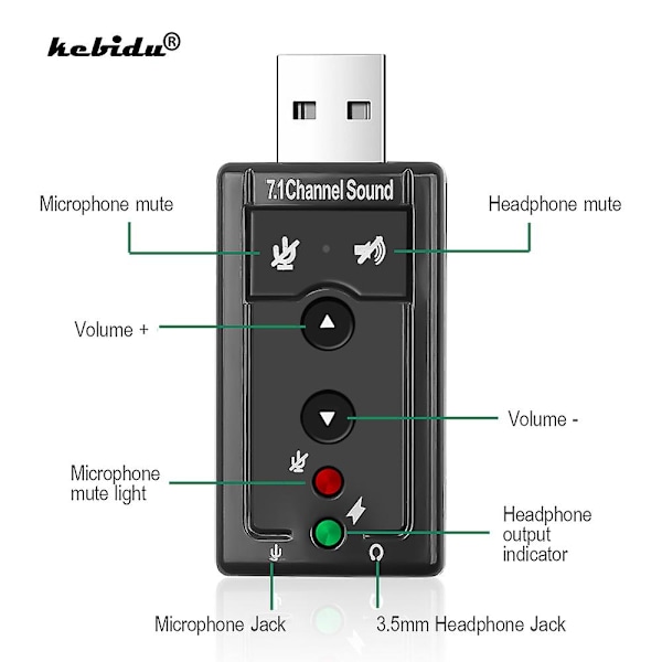 Virtuaalinen 7.1-kanavainen äänikortti Ulkoinen USB 2.0 Audio Mic Kaiutinsovitin Mikrofoni Stereo 3,5 mm:n liitäntä Kuulokemikrofoni Äänikortti