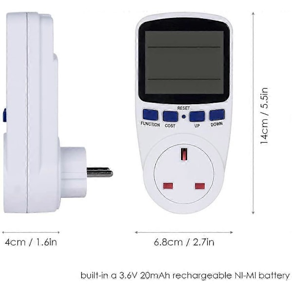 Strøm Energimåler, LCD Display Elektricitetsforbrug Strømmåler Stik Energi Watt Volt Ampere Wattforbrug KWH Forbrugsanalysator Måler Stik AC230V~25
