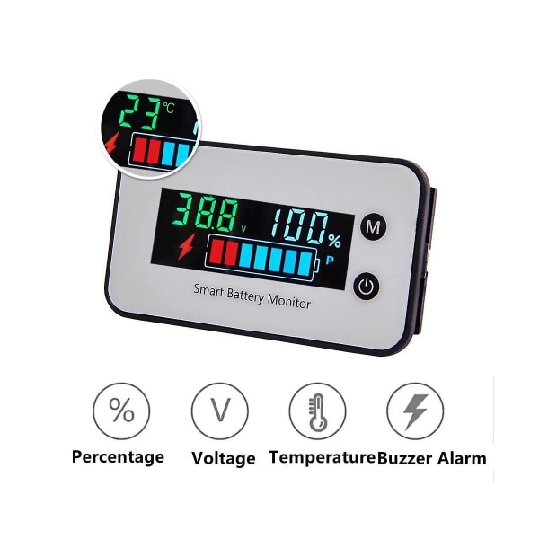 Ipx7 vanntett batterimonitor 7-100v batterikapasitetsmåler med summeralarmtemperatur