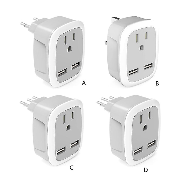 Multifunktionel US til europæisk/britisk/italiensk/schweizisk rejseadapter med 2 USB 3 i 1