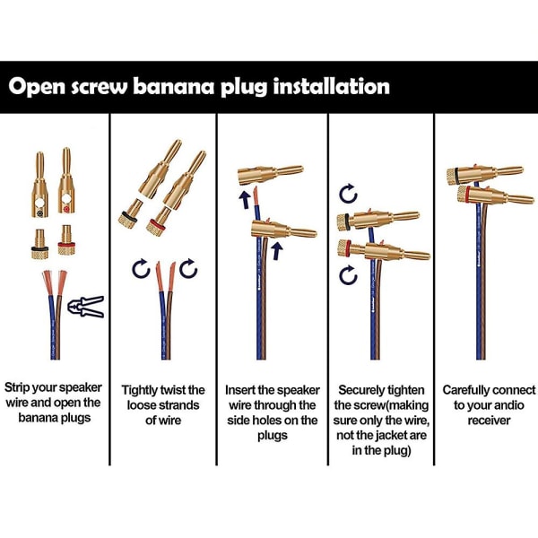 Bananpluggar öppen skruv 24k guldpläterade pluggar Audio Jack-kontakt för högtalarstereokabel, 24-pc