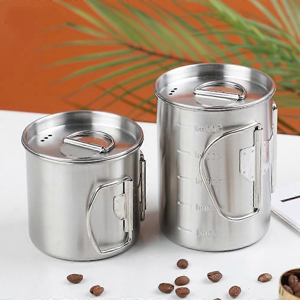 Campingkopp i rostfritt stål för utomhusbruk, campingbestick, vattenkopp med lock, picknickkopp, kokande vatten, bergsklättring, hopfällbar kopp, naturfärg, 350 ml