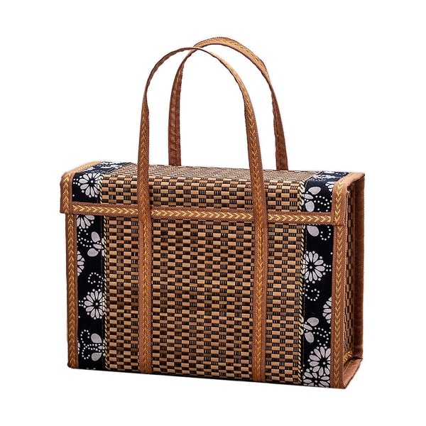 Picnic Woven Basket Wicker Storage Bag Handle Folded Fruit Shopping Food Handle Rattan Grass Foldab