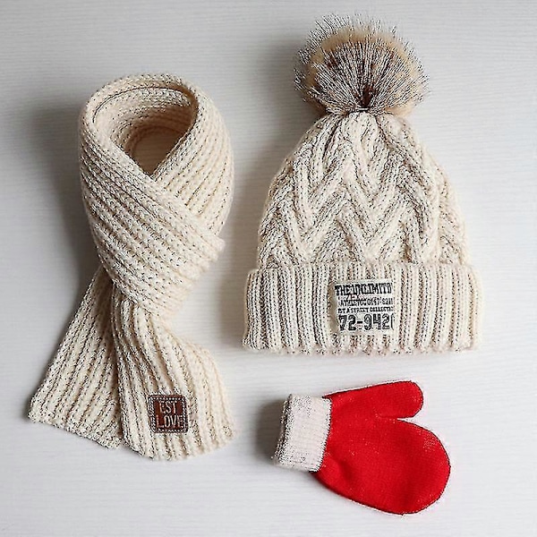 Barnens Ullhatt Tre-Delad Höst Vinter Plus Ull Pojkar Och Flickor Halsduk Vantar Baby Tjock Varm Tröja Stickad Hatt Beige
