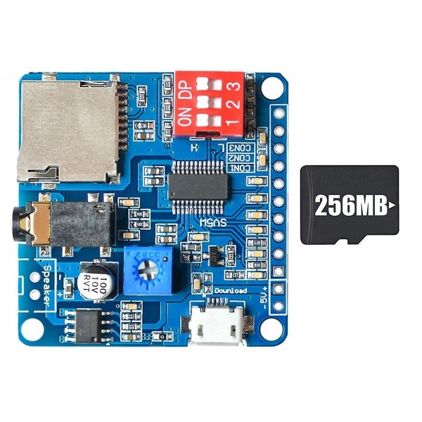 Stemmeavspillingmodul MP3-spillermodul + 256 MB minnekort UART I/O-utløser klasse D-forsterkerkort