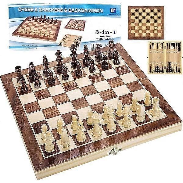 29x29cm foldbart Skak / Backgammon / Dam i træ, flerfarvet