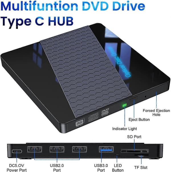 Extern DVD-enhet, USB 3.0 Extern CD/Dvd +/-Rw-enhet Bärbar Typ C CD/DVD-spelare för Laptop