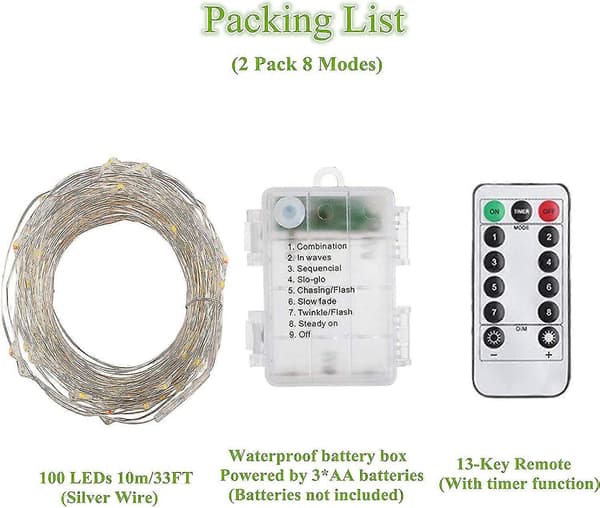 2x10m Batteridrivna LED-slingor 100 LED Timerfunktion Fjärrkontroll IP65 Vattentät (vit)