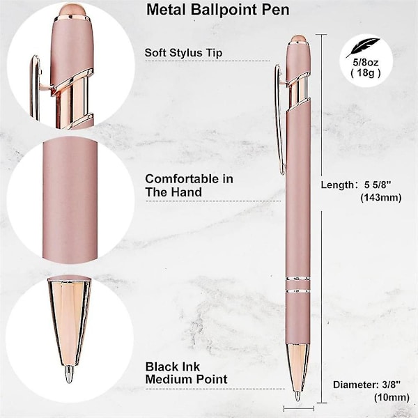 12 stk. Rosaguld Kuglepen med Stylus-spids, 1,0 mm Sort Blæk Glatte Skrivepenne, Metal Stylus Penne til Touchskærme