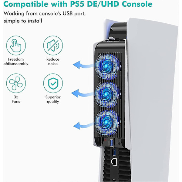 PS5-jäähdytystuuletin LED-valolla, hiljainen tuuletin 3 tuulettimella ja ohjaimen USB-portilla, yhteensopiva PS5 Digital/disc Edition -versioiden kanssa
