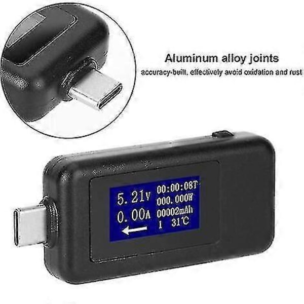Usb Typ-c Testare, Multifunktionell Dubbelriktad Strömspänning DC Digital Voltmeter (svart)