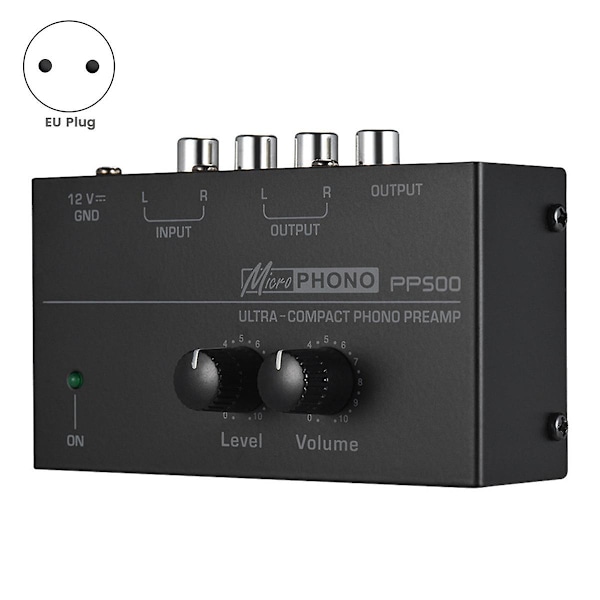 PP500 Ultra-kompakt Phono Preamp Pre Amp Preamplifier med Nivåvolumkontroll EU-plugg