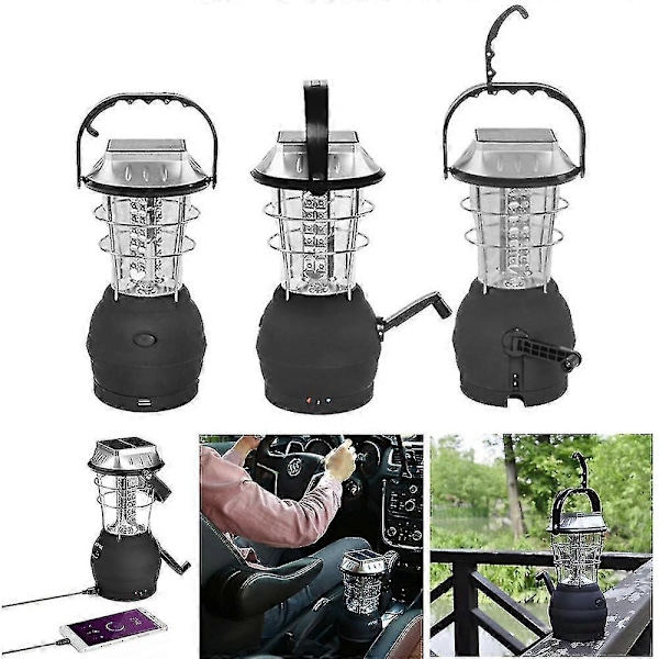 Camping Lanterner Led Solcellelampe Håndsving Dynamo Vandafvisende Bærbar Nødlys Sort