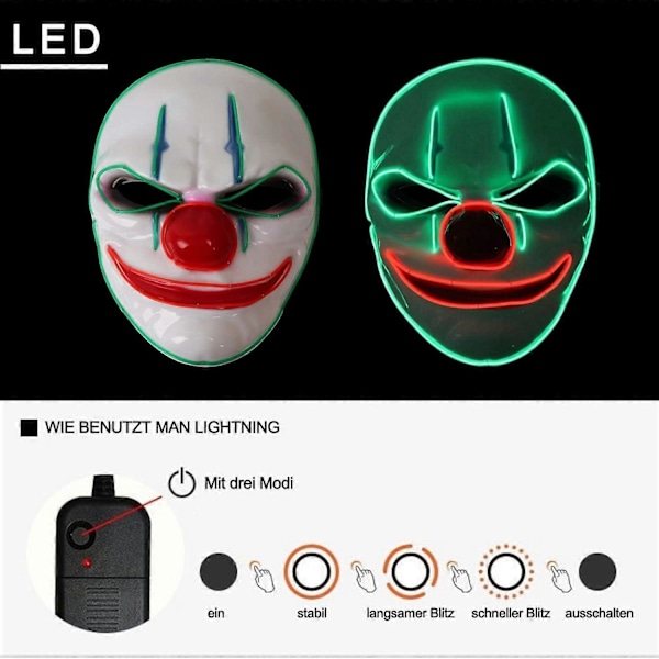 Halloweenmask, LED-mask med 3 blinklägen clownmask för barn män kvinnor, jul, karneval