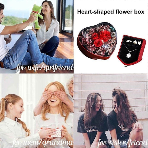 Hjerteformet Rose Evig Blomst Ringboks - Bryllupsgave Diamantring Smykkelagringsboks - Rød