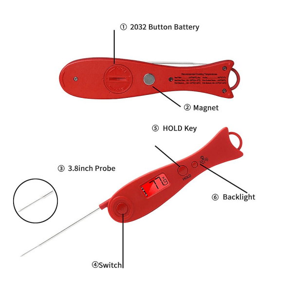 Rødt Digitalt Madtermometer Baggrundsbelysning Øjeblikkelig Læsning Kødtermometer Grill Bbq Grill Ryger Termometer Madlavning Bageovn Termometer Med Foldbar