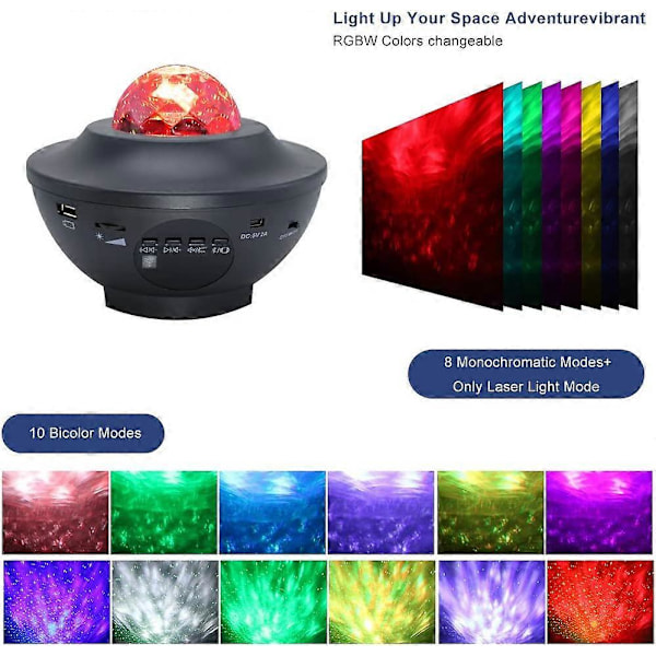Stjernelys Galaxy Projektor, LED Ocean Wave Nebula Projektor med Fjernbetjening/Bluetooth Højttaler/Timer/Stemmestyring, Natlys Projektor til