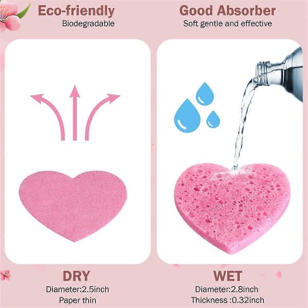 100 stk. Komprimerte Svamper Hjerteform Ansiktssvamper for Rensing Naturlige Rensesvamper Pads