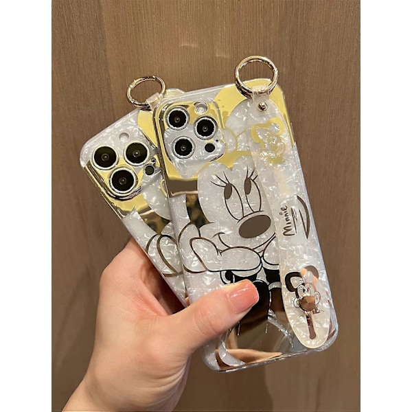 Tegneserie-deksel til iPhone 12 Pro Max, Søtt Gullfarget Mikke Mus-glitterdeksel med Metallkjedestropp, Håndleddsstropp Stativ Myk TPU Støtsikker Beskyttelse