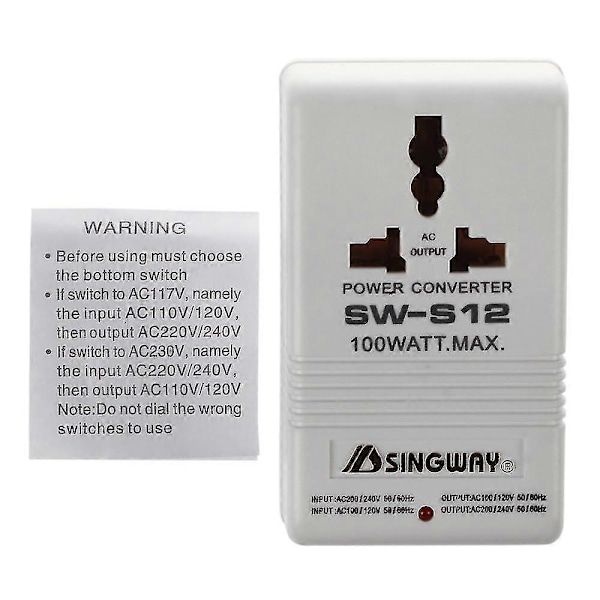 Singway 100W 110V/120V til 220V/240V Steg-opp & ned Spenningsomformer Transformer Reise Hvit