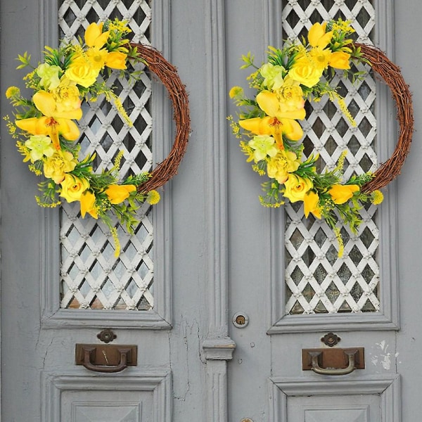 Gul blomma dörrkrans konstgjord handgjord krans vår ytterdörr dekor Säsongsdörr för M