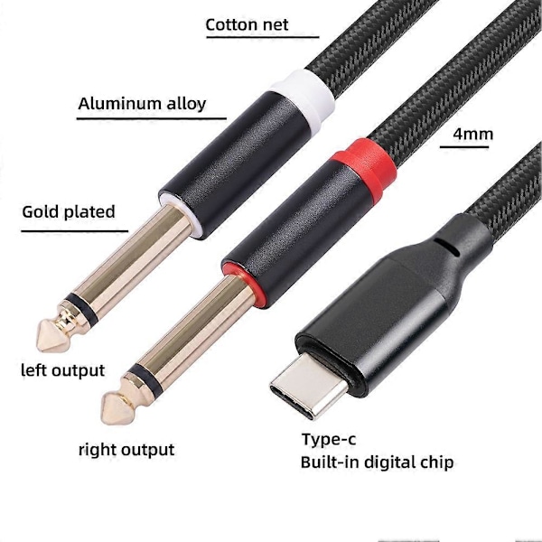 USB C til Dobbel 6.35mm Stereo Y Splitter Kabel, TRS Lydkabel for Smarttelefon, Nettbrett, Laptop, Forsterker