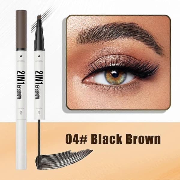 2-i-1 Ögonbrynspenna med Gel, 3D Microblading Ögonbrynspenna med 4 Spetsar & Borste Black Brown