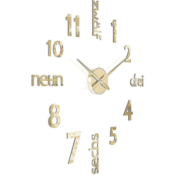 Elegant Stor DIY Rammeløs 3D Speiloverflate Effekt Veggklokke Overdimensjonert Tid Timer Klokke Hjemme Dekor