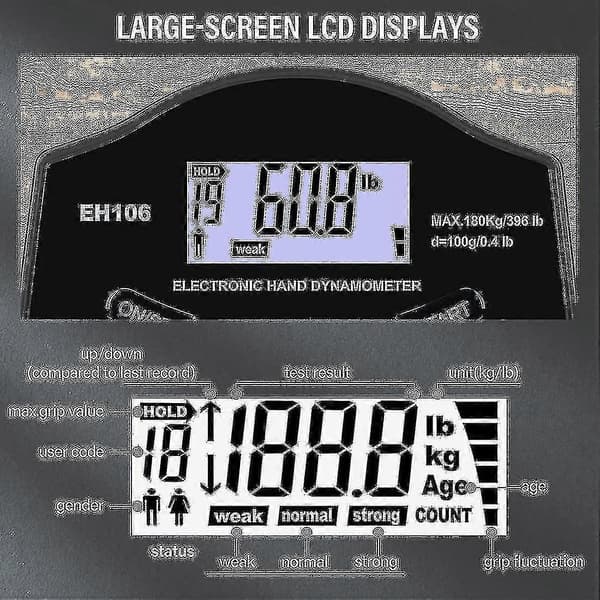 Grip Strength Tester, 396lbs/180kg Digital Hånd Dynamometer Grip Strength Meter Usb LCD Skjerm Hånd