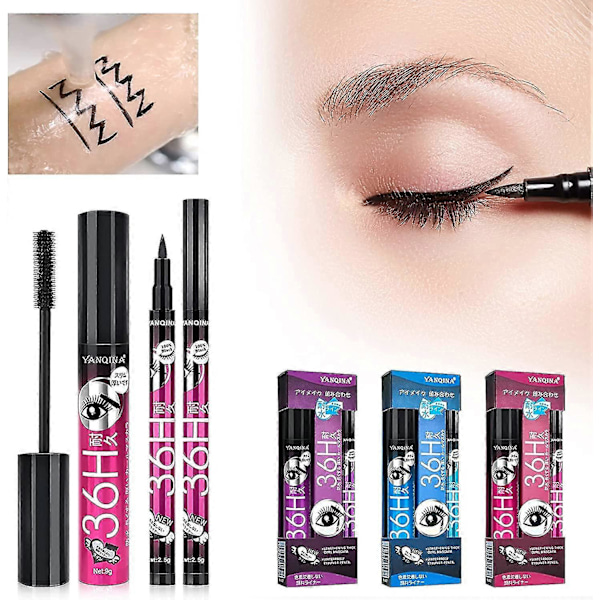 4D Silk Fiber Mascara & Eyeliner -setti, tahriintumaton, nopeasti kuivuva ja vedenkestävä, paksuntaa silmämeikkiä ja pidentää ripsiä, ripsiväri- ja eyeliner-setti naisille ja tytöille