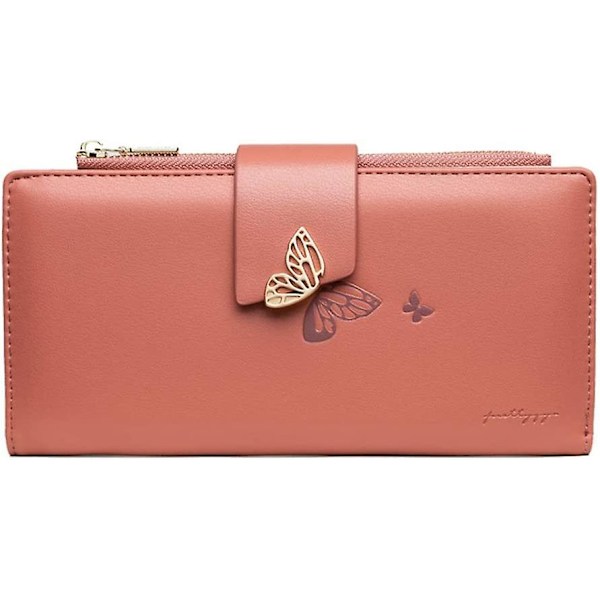 Fjärilsplånbok för kvinnor Läder Bifold Plånbok Dam Lång Kopplingsväska Dragkedja Kreditkortshållare Organizer, karamell