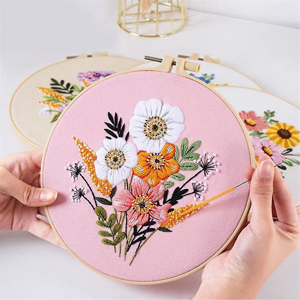 5 Set Broderipaket för Nybörjare Vuxna, Inkluderar Präglad Blommönster, Ram, Färgade Trådar
