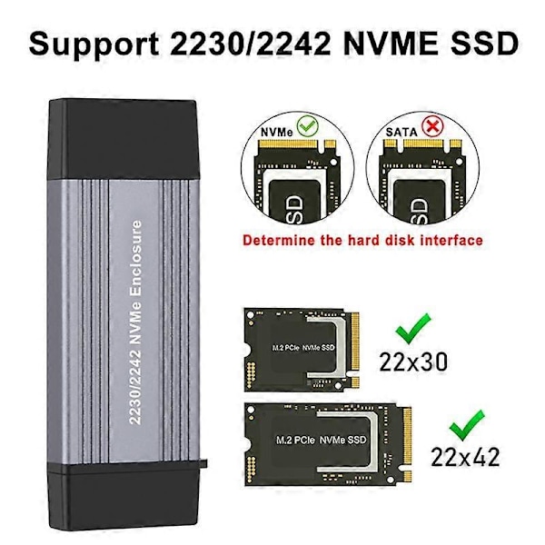 NVME SSD-kabinet M2 Adapter NVME Ekstern Kabinet PCIE NVME M/M+B Nøgle til USB 3.1 10Gbps Understøtter 223