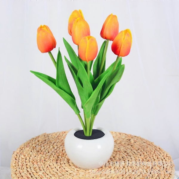 Tulipanlampe, Simulering av tulipan nattlys for stue soverom med vase, bordlampe ornamenter for hjem stue dekor (Gul-Rød)