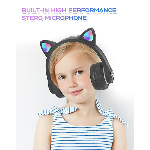 Børnehovedtelefoner med mikrofon/RGB LED-lys, Bluetooth-hovedtelefoner/skole//smartphone-sort