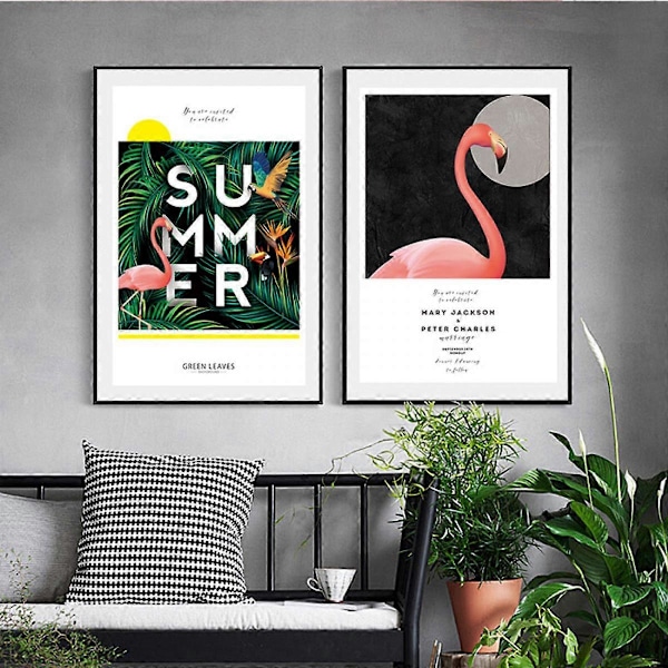 Wekity Sommer Flamingoer Væghængt Canvas Print Poster, Enkel Mode Kunsttegning Dekoration til Hjemmet Stue Soveværelse Kontor og Børneværelse (Sæt af