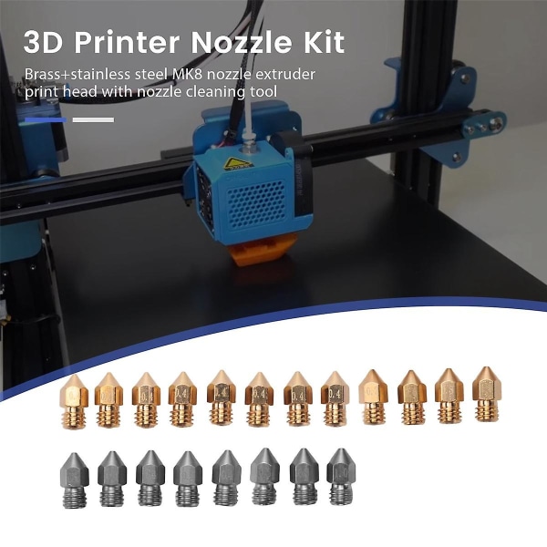 20 osan setti, messinki + ruostumaton teräs Mk8 suuttimet ekstruuderin tulostuspää suuttimen puhdistustyökalulla