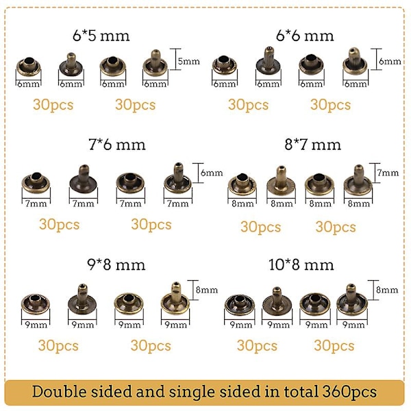 Lmdz 360-pack Metalldubbelsidiga Nitar, Spikar, Runda Nitar, Spännen, Specifikationer, Runda Nitar för Läder, Väska, Bälte, Kläder