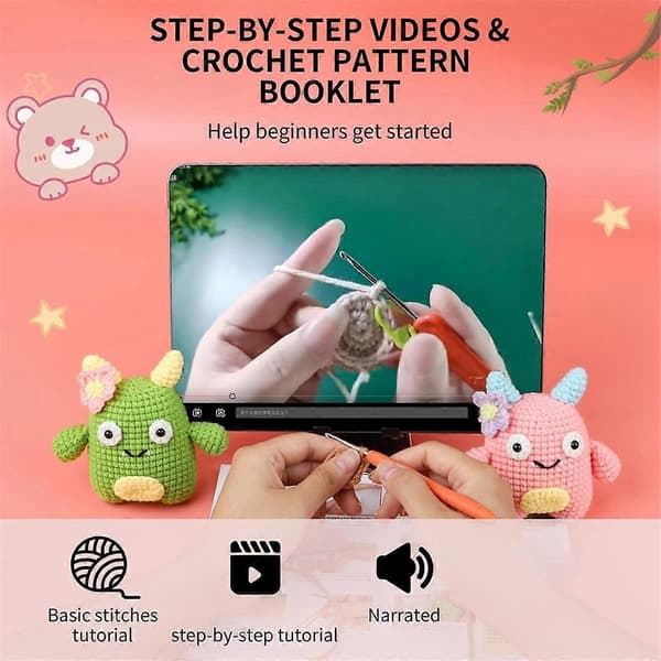 Hæklesæt til begyndere, Trin-for-trin video-tutorials, Hæklesæt til voksne og børn, 2 stk. An