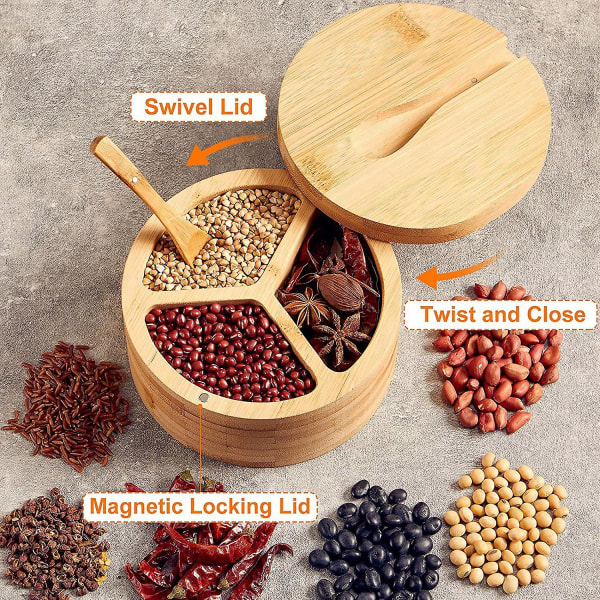 Bambussaltboks med ske 3-rums krydderi, rum til opbevaringsbeholder til krydderier, sikker holdbar opbevaring og organisering til krydderier, urter eller små I