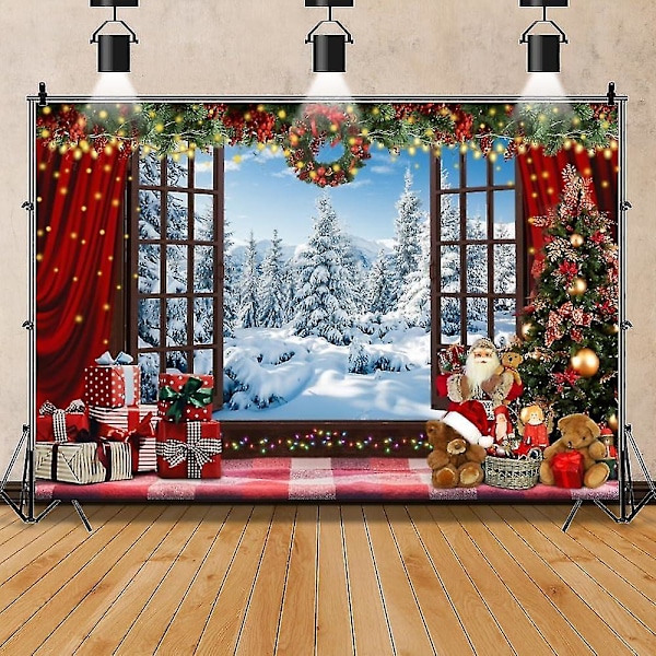 7x5ft Christmas Window Backdrop For Photography Winter Merry Xmas Tree Background Snow Red Plaid Check Holiday Photobooth Portrait  (xq)