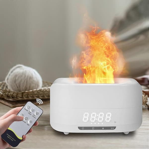 Flammediffuser Luftfugter 400 ML, Pejsdiffuser Vækkeur med Fjernbetjening