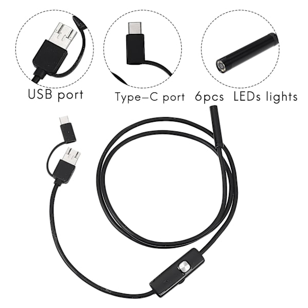 3-i-1 Inspektionskamera med boreskop, inbyggda 6 LED-lampor, IP67 vattentät, USB typ-C endoskop för Android